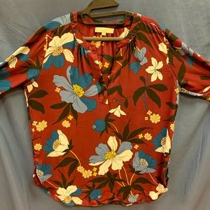 LOFT sz L Burgundy flowered long sleeve blouse EUC loose fitting